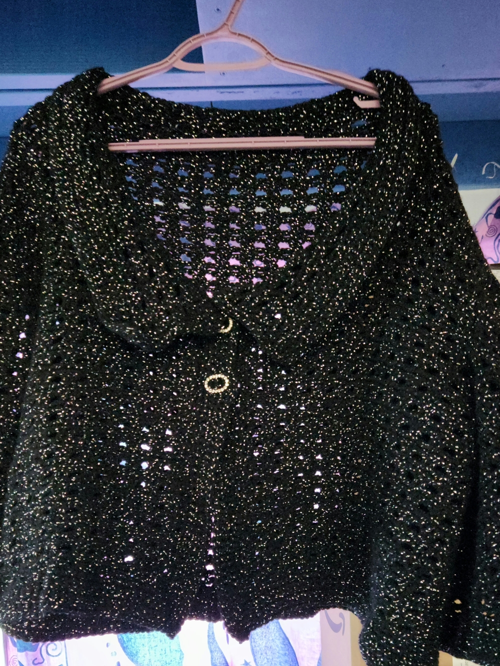 Vintage Black Metallic Open Knit Cardigan with Rhinestone Buttons